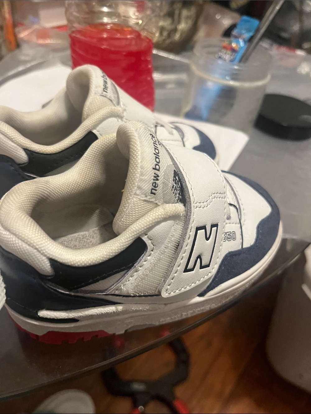 New Balance Kids 350 White and Navy Hook-and-Loop Sneakers